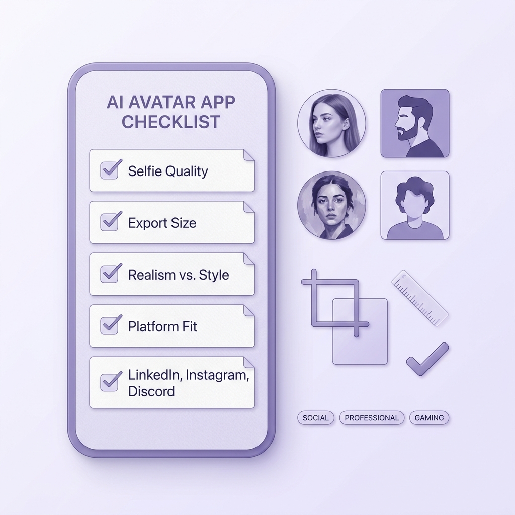 Checklist for choosing the right AI avatar and profile picture app based on platform, selfie inputs, and output style