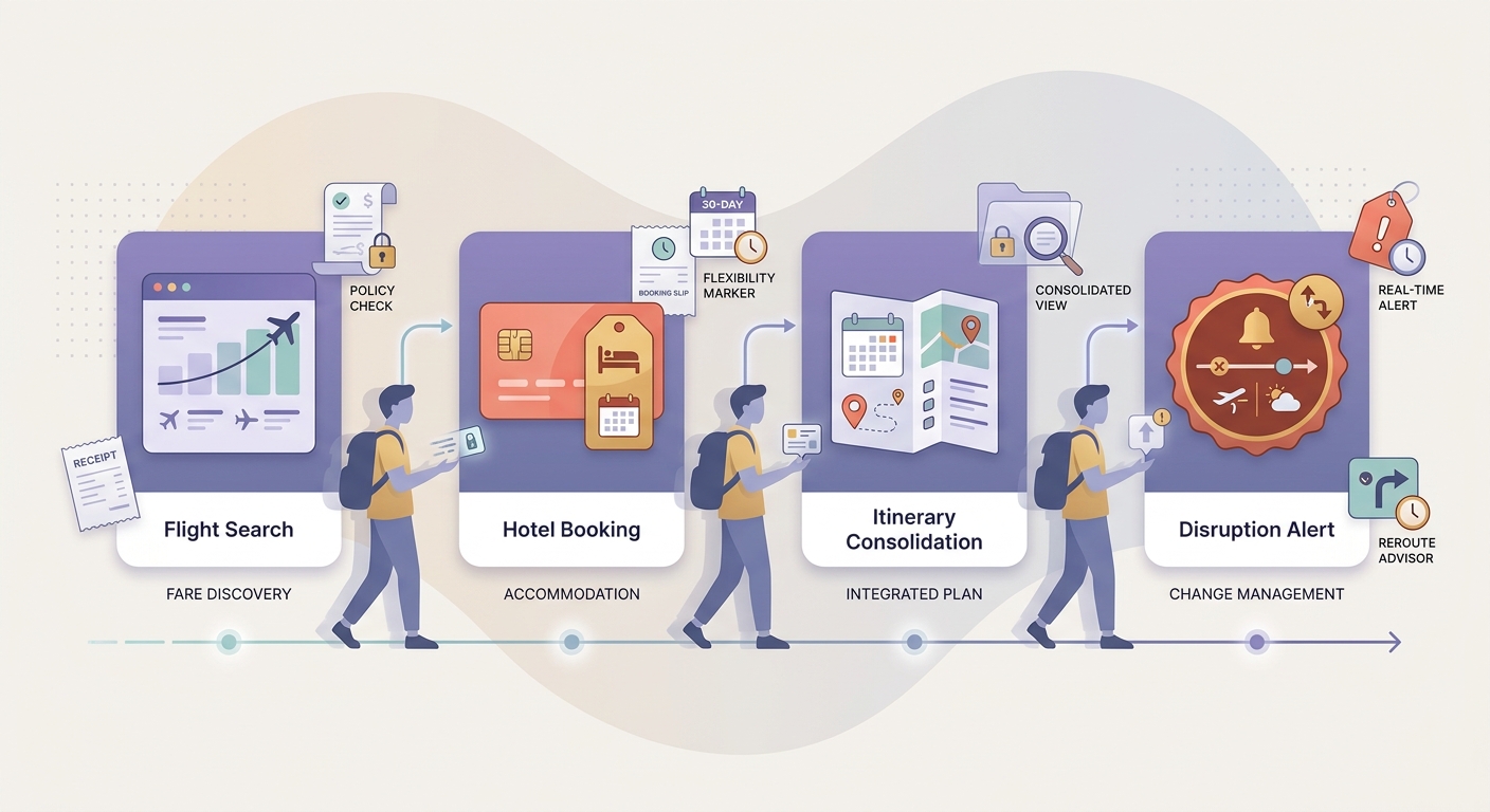 Timeline of app-based travel planning from search to booking to itinerary management to disruption alerts Timeline of app-based travel planning from search to booking to itinerary management to disruption alerts