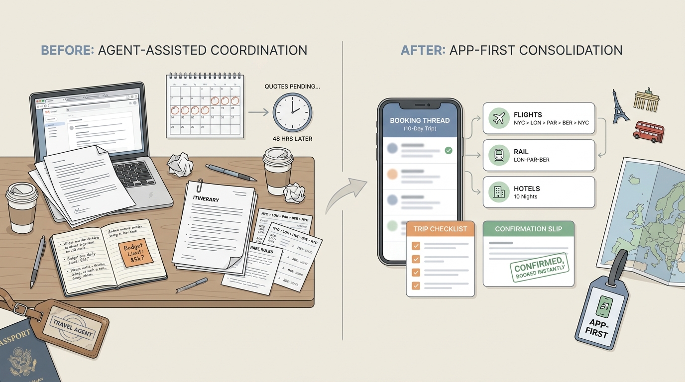 Before and after snapshot of trip planning steps comparing a travel agent workflow with an app-first workflow Before and after snapshot of trip planning steps comparing a travel agent workflow with an app-first workflow