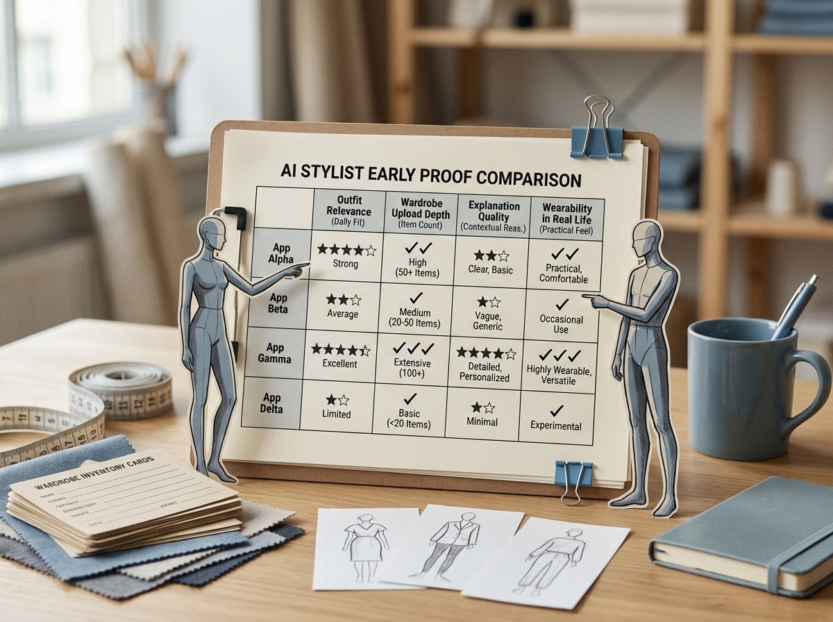 Comparison table of AI personal stylist apps with columns for outfit relevance, wardrobe setup, explanation quality, and usefulness. Comparison table of AI personal stylist apps with columns for outfit relevance, wardrobe setup, explanation quality, and usefulness.