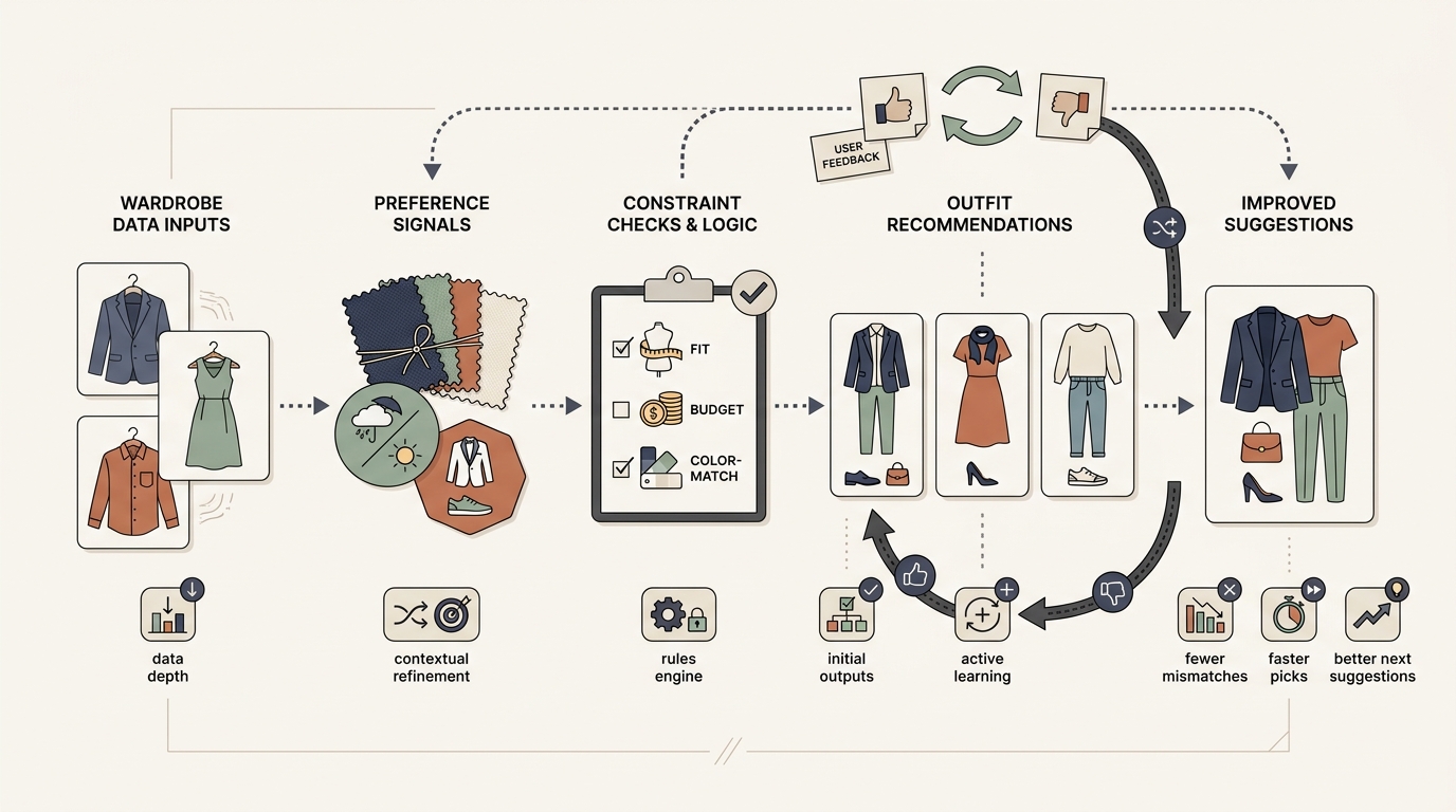 Flow diagram showing wardrobe inputs, preference data, feedback, and improved AI outfit recommendations. Flow diagram showing wardrobe inputs, preference data, feedback, and improved AI outfit recommendations.