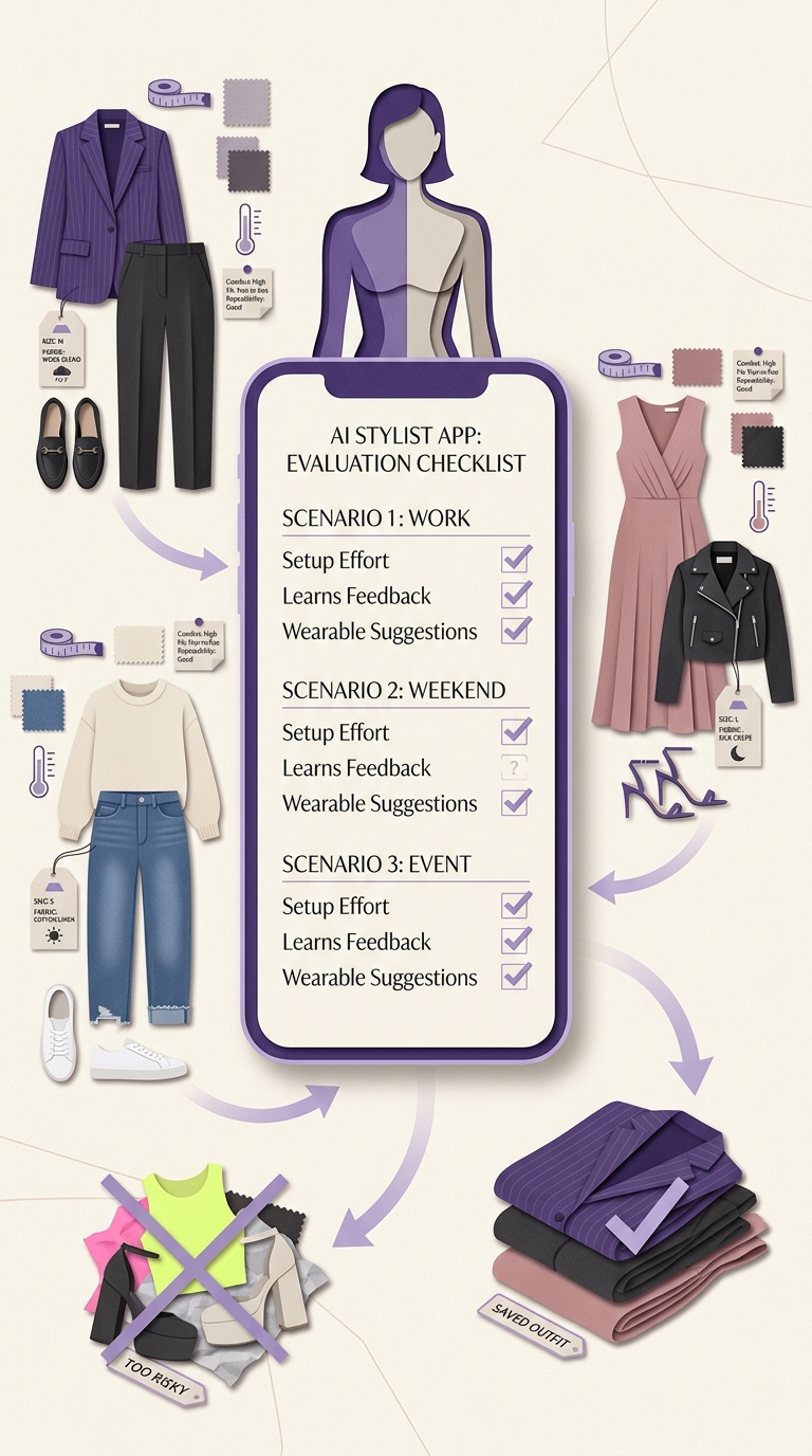 Checklist for evaluating an AI personal stylist app using work, weekend, and event outfit tests. Checklist for evaluating an AI personal stylist app using work, weekend, and event outfit tests.