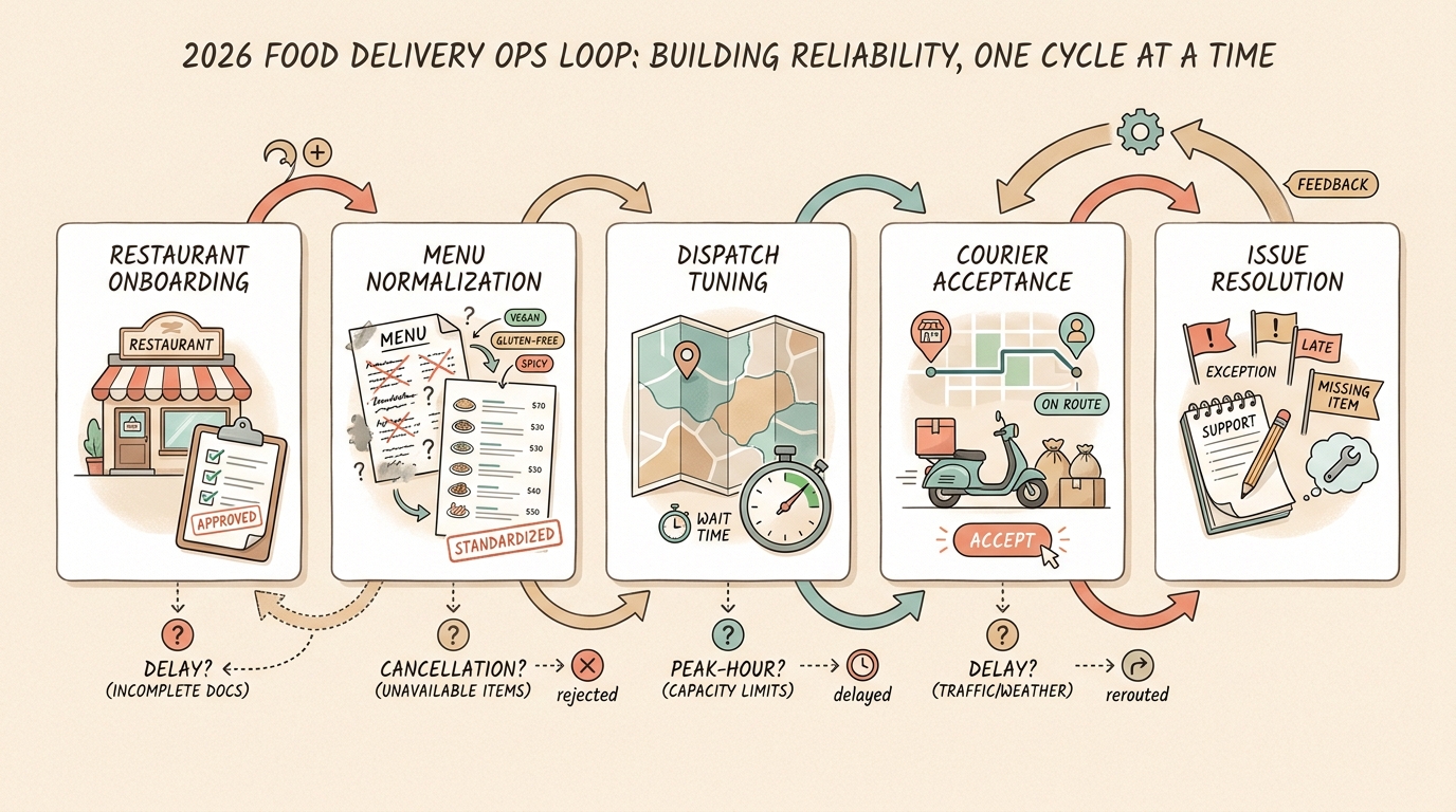 Process diagram of the workflow used by a breakout 2026 food delivery app to improve reliability and scale.