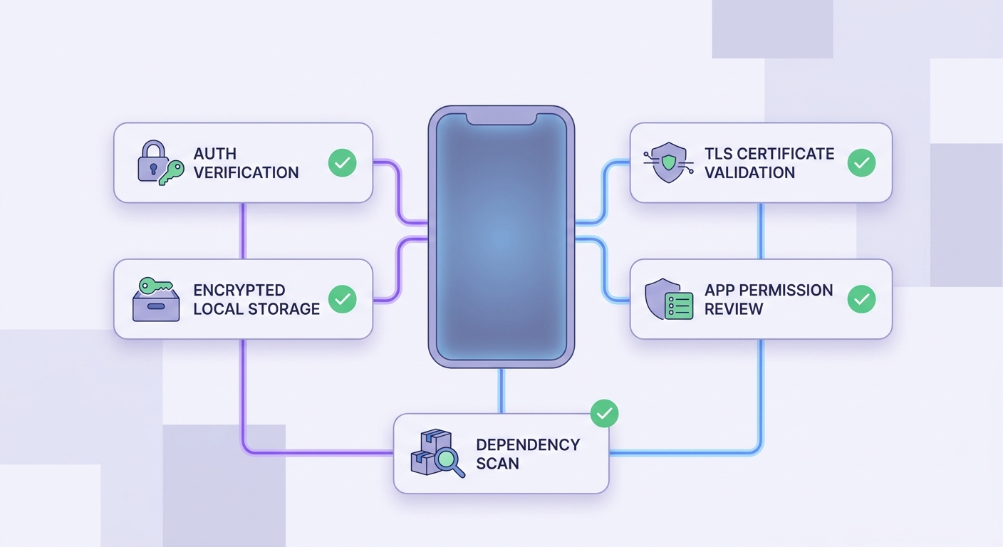 Mobile app security checklist covering authentication, storage, transport security, permissions, and dependency review
