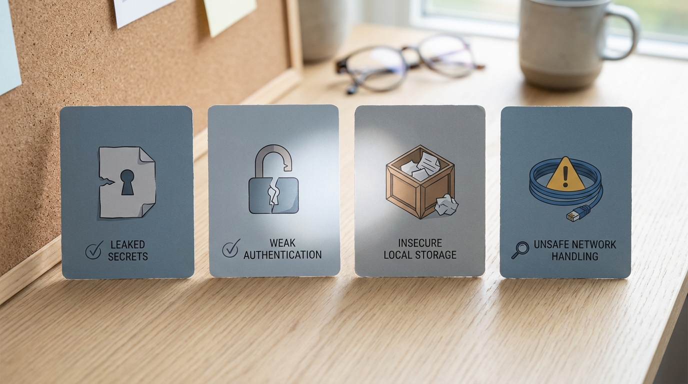 Security proof cards listing common mobile app release failures and which are easiest to catch before launch