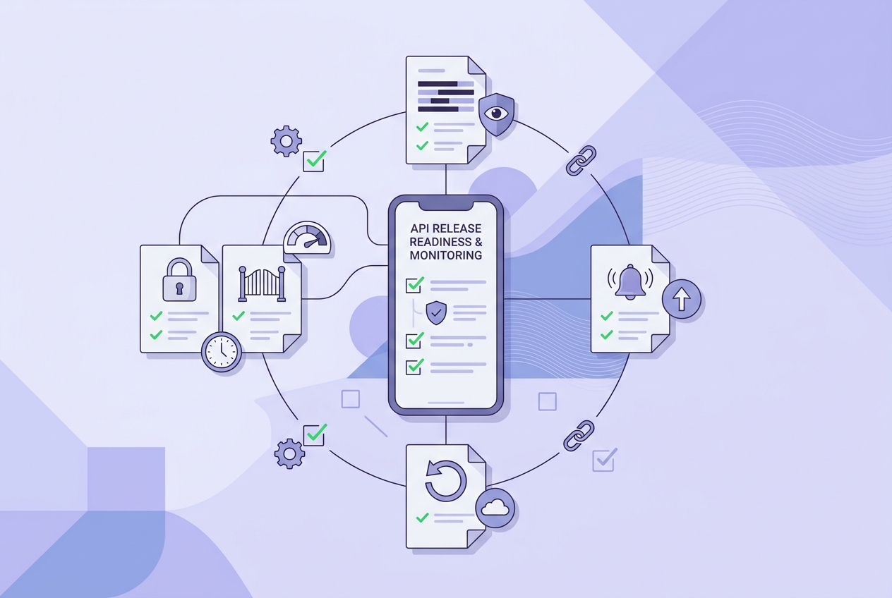 Checklist for API security launch readiness and monitoring, including token expiry, rate limits, secure logging, alerts, and rollback planning.