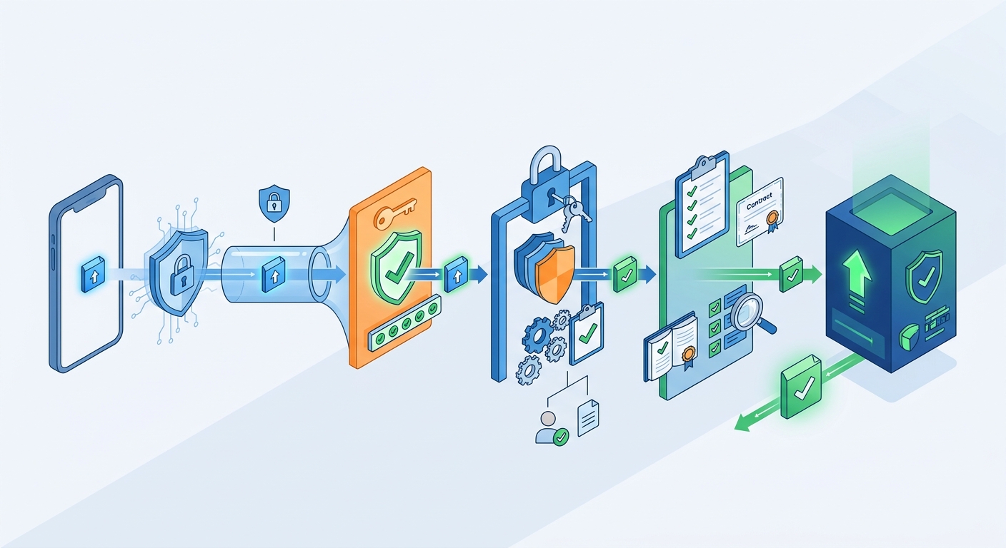 Flow diagram of a mobile API request passing through token validation, authorization, and request validation before a response is returned.