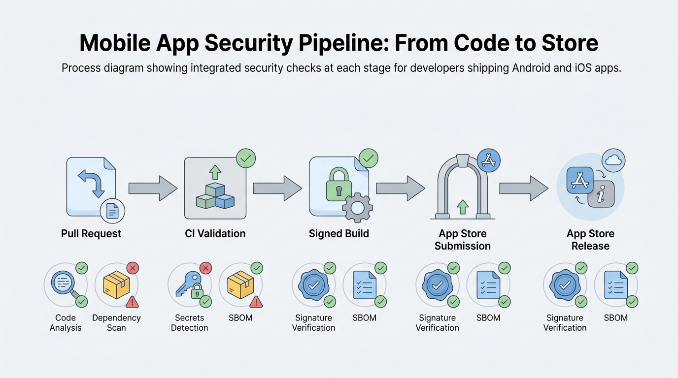 Mobile app release pipeline with security checks inserted at pull request, CI, build signing, and submission stages.