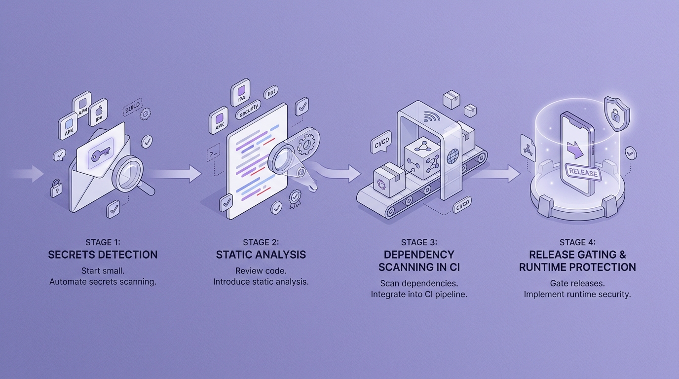 Phased timeline for adopting mobile app security tools from quick wins to advanced protection.