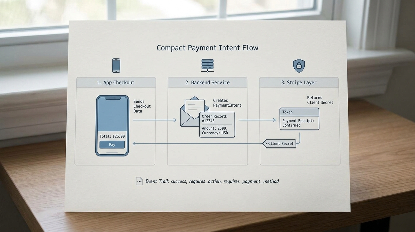 Diagram showing iOS app, backend, and Stripe PaymentIntent flow for checkout integration.