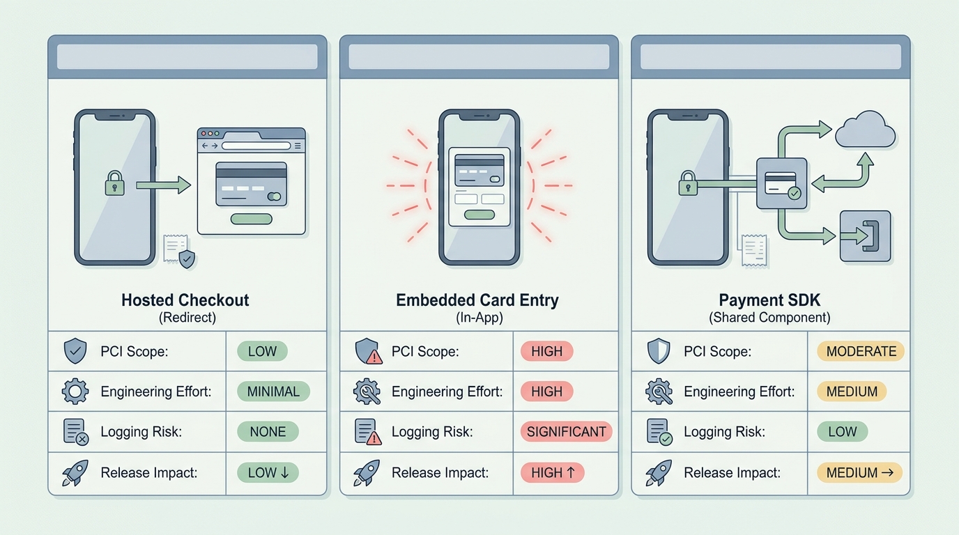 Comparison table of mobile payment flow options and how each affects PCI scope, engineering effort, logging risk, and release impact.