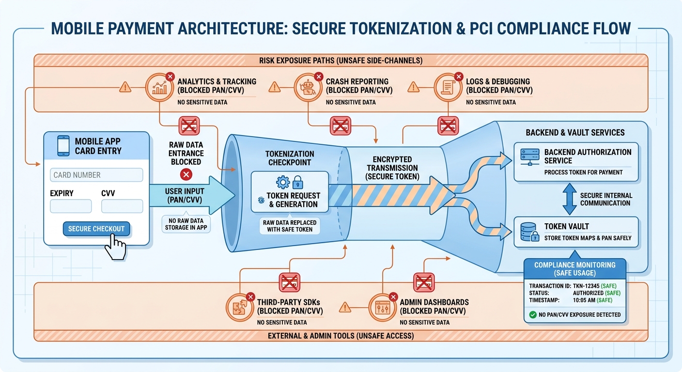 Mobile payment data-flow diagram showing tokenization, encrypted transmission, and places where card data can leak into logs, analytics, or admin tools.