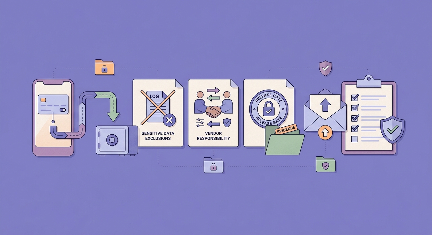 PCI readiness checklist for a mobile app release covering data flow, tokenization, logging exclusions, vendor responsibilities, and store submission readiness.