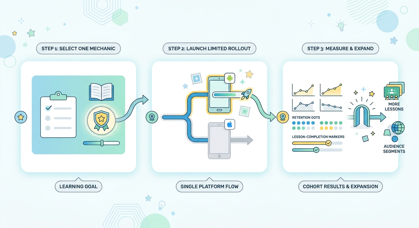 A workflow diagram for testing gamification in an educational app on one platform flow first.