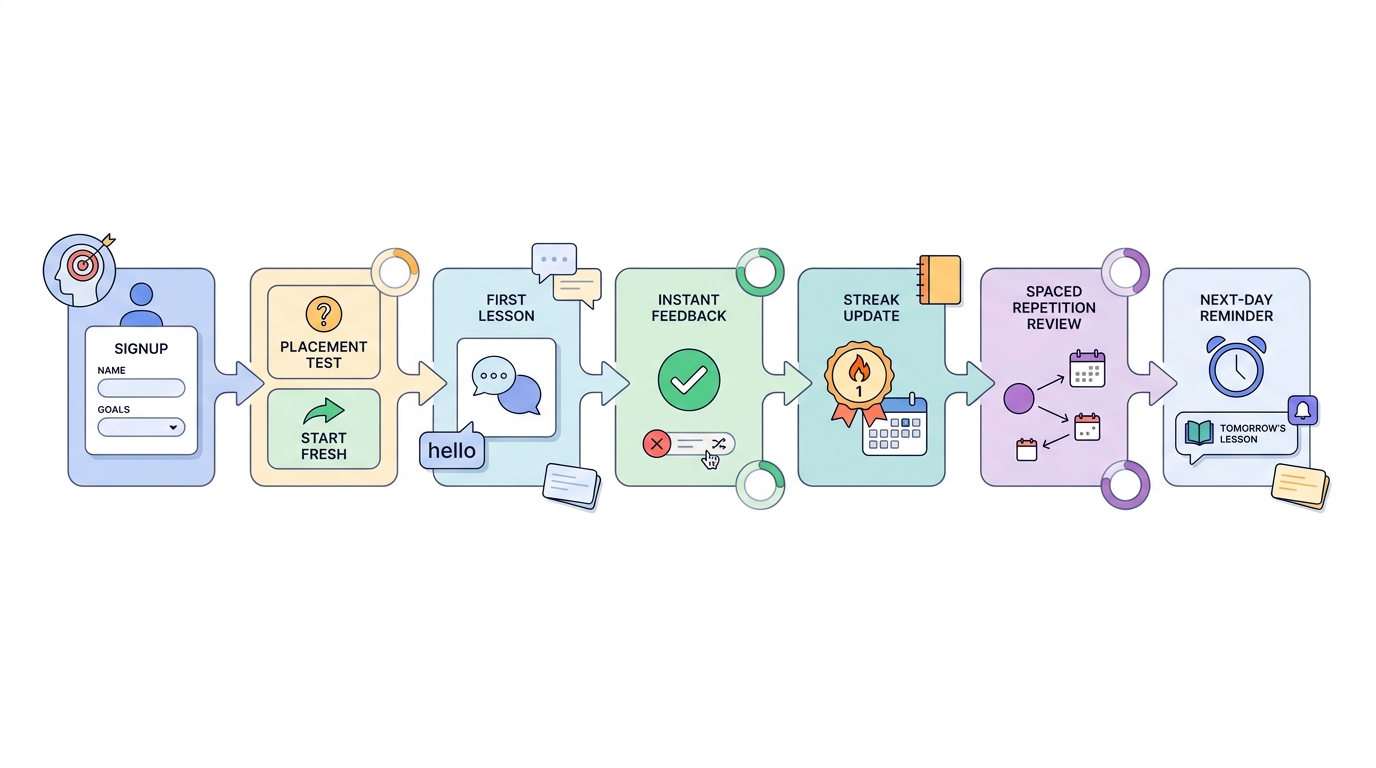 Process diagram showing the learning loop for a Duolingo-style language app from onboarding through streak and spaced repetition.