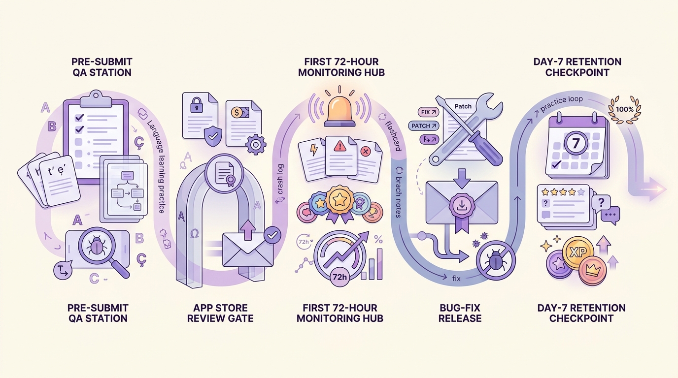 Timeline of launch-week tasks for a language learning app, including QA, store review, monitoring, and day-7 retention checks.