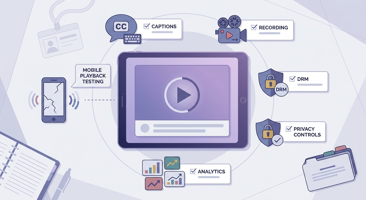 Checklist of EdTech streaming requirements: mobile testing, captions, recording, DRM, privacy, and analytics.