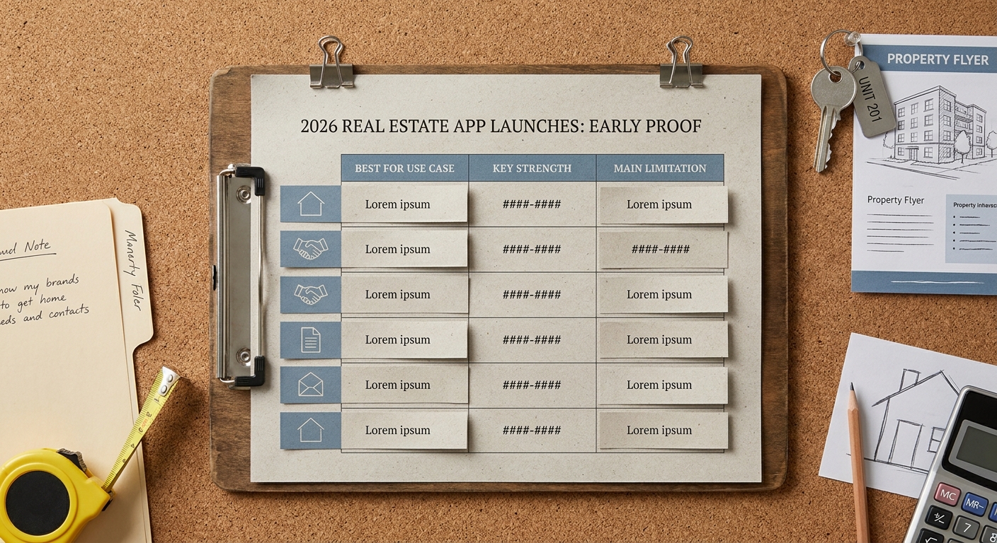 Comparison table of the top real estate apps launched in 2026 with best-for, strengths, and limitations. Comparison table of the top real estate apps launched in 2026 with best-for, strengths, and limitations.