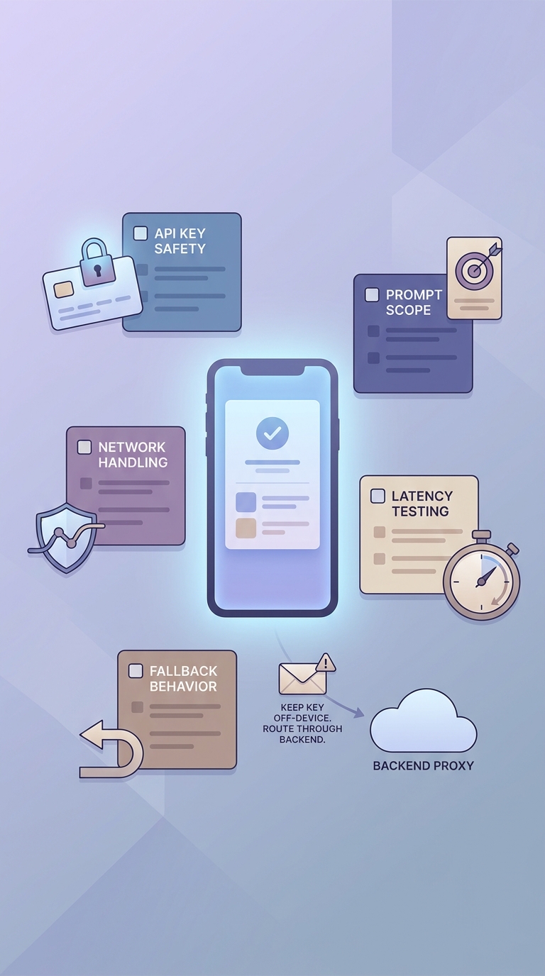 Checklist block for verifying a Gemini API feature in an Android app before release.