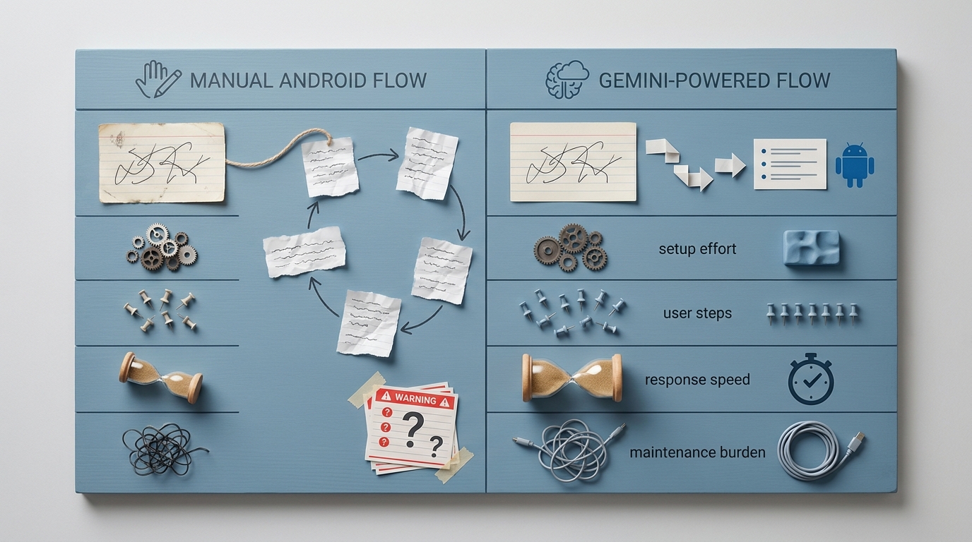 Comparison table of manual Android workflow versus Gemini API workflow for an app feature such as summarization or chat.