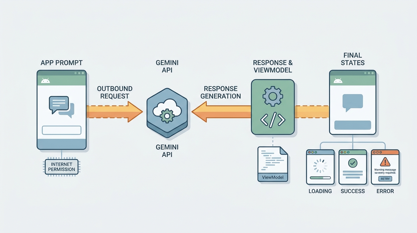 Process diagram of an Android app sending a prompt to Gemini API and displaying the response in the UI.