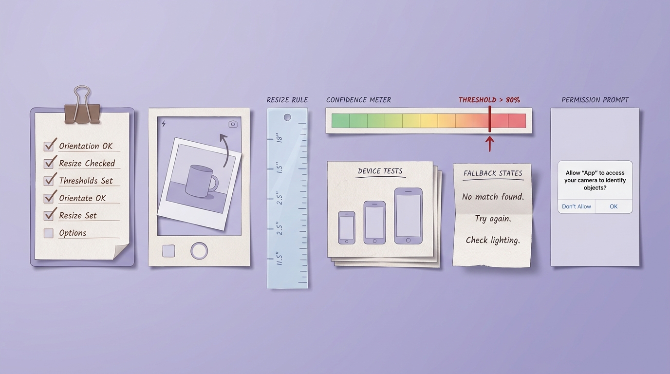 Checklist of pre-launch checks for an iOS image recognition feature, including preprocessing, confidence thresholds, device testing, and fallback states.