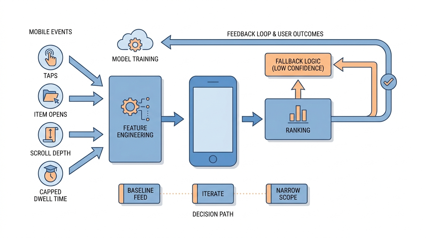 Process diagram showing mobile events flowing into feature engineering, ranking, fallback logic, and continuous learning.