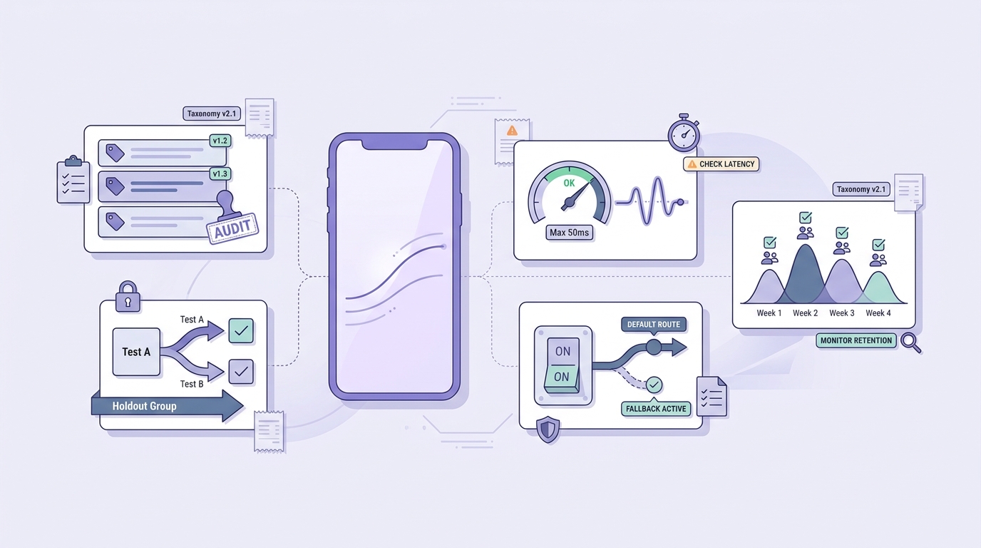 Checklist for launching a mobile AI recommendation engine with schema, testing, latency, fallback, and retention checks.