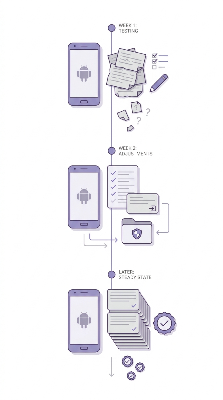 Timeline of adopting AI content generation on Android, from test week to adjusted workflow to steady use.