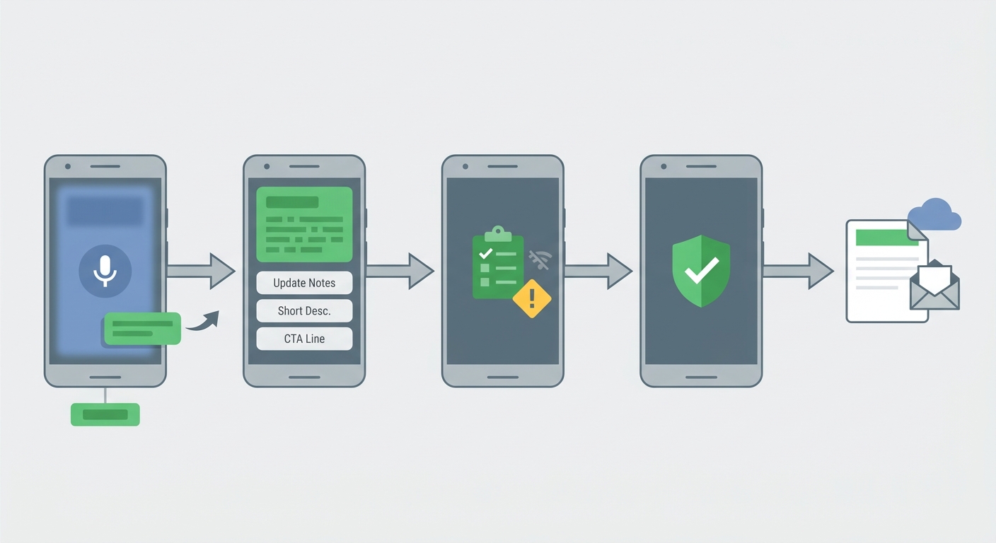 Process diagram of AI content generation on Android moving from prompt to draft to human review to publication.