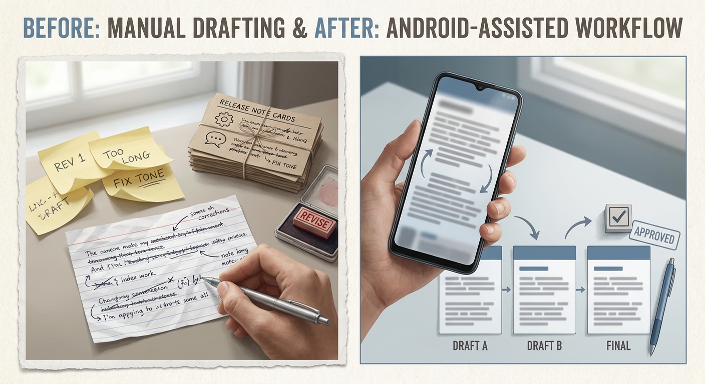 Before-and-after workflow card comparing manual copy drafting to AI-assisted drafting on Android for app content.