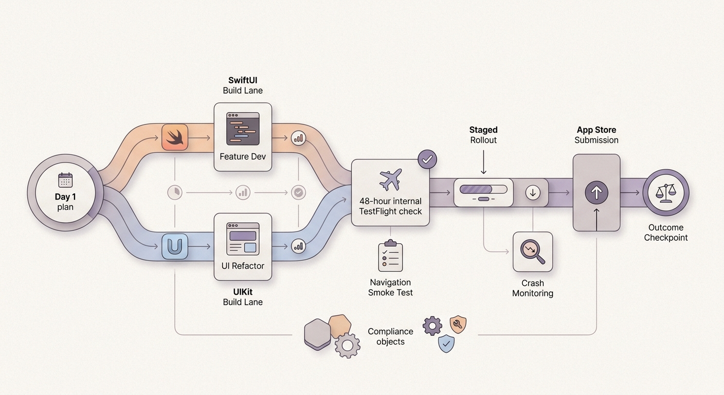 Timeline showing a 30-day mixed SwiftUI and UIKit release process with build, test, submission, and outcome milestones.