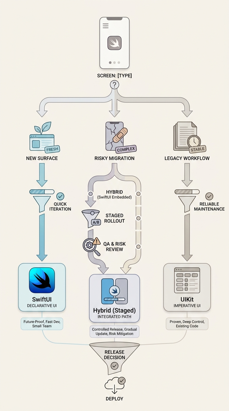 Decision flow for choosing SwiftUI, UIKit, or a hybrid approach for each iOS screen before an App Store release.