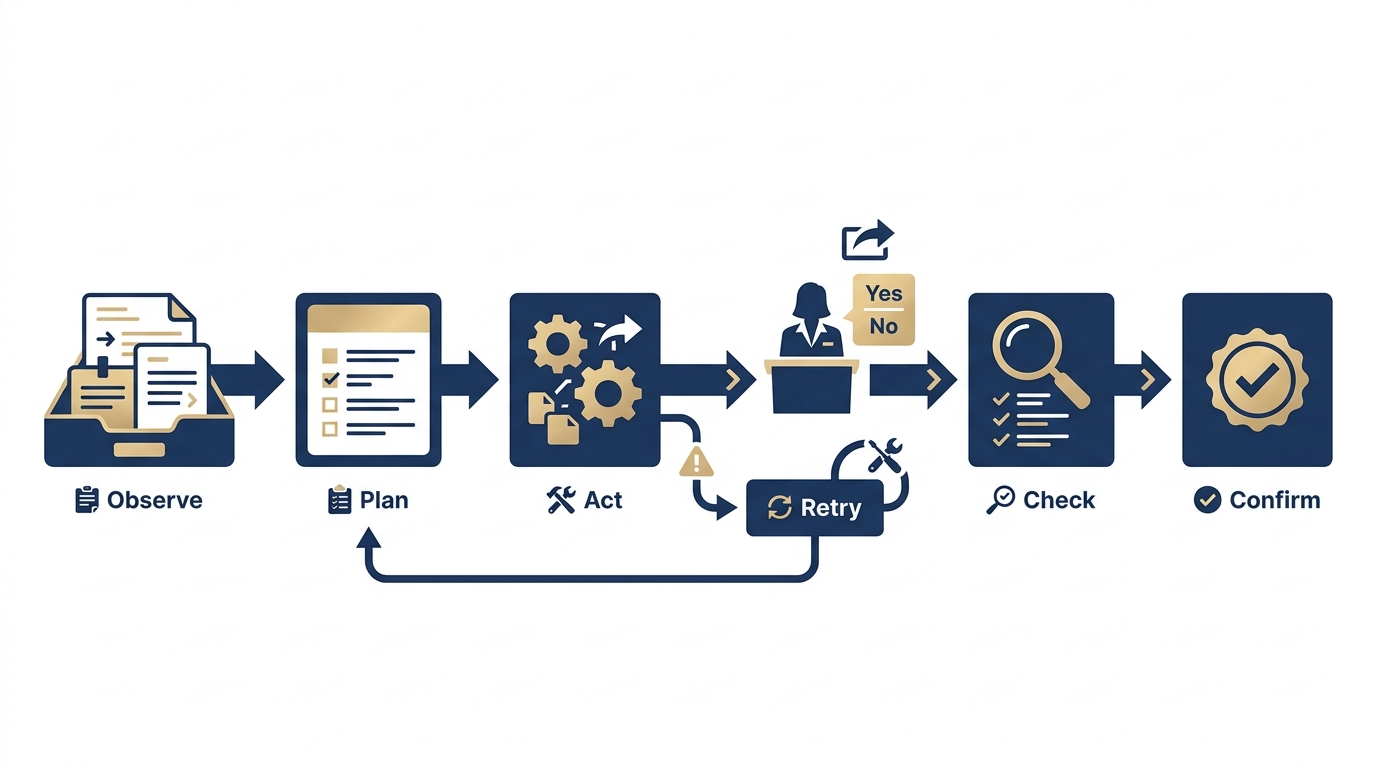 Process diagram of an agentic AI app loop with planning, tool use, validation, and approval gate.