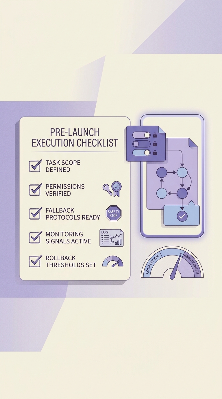 Checklist for shipping an agentic AI app with scope, permissions, fallback paths, and monitoring.