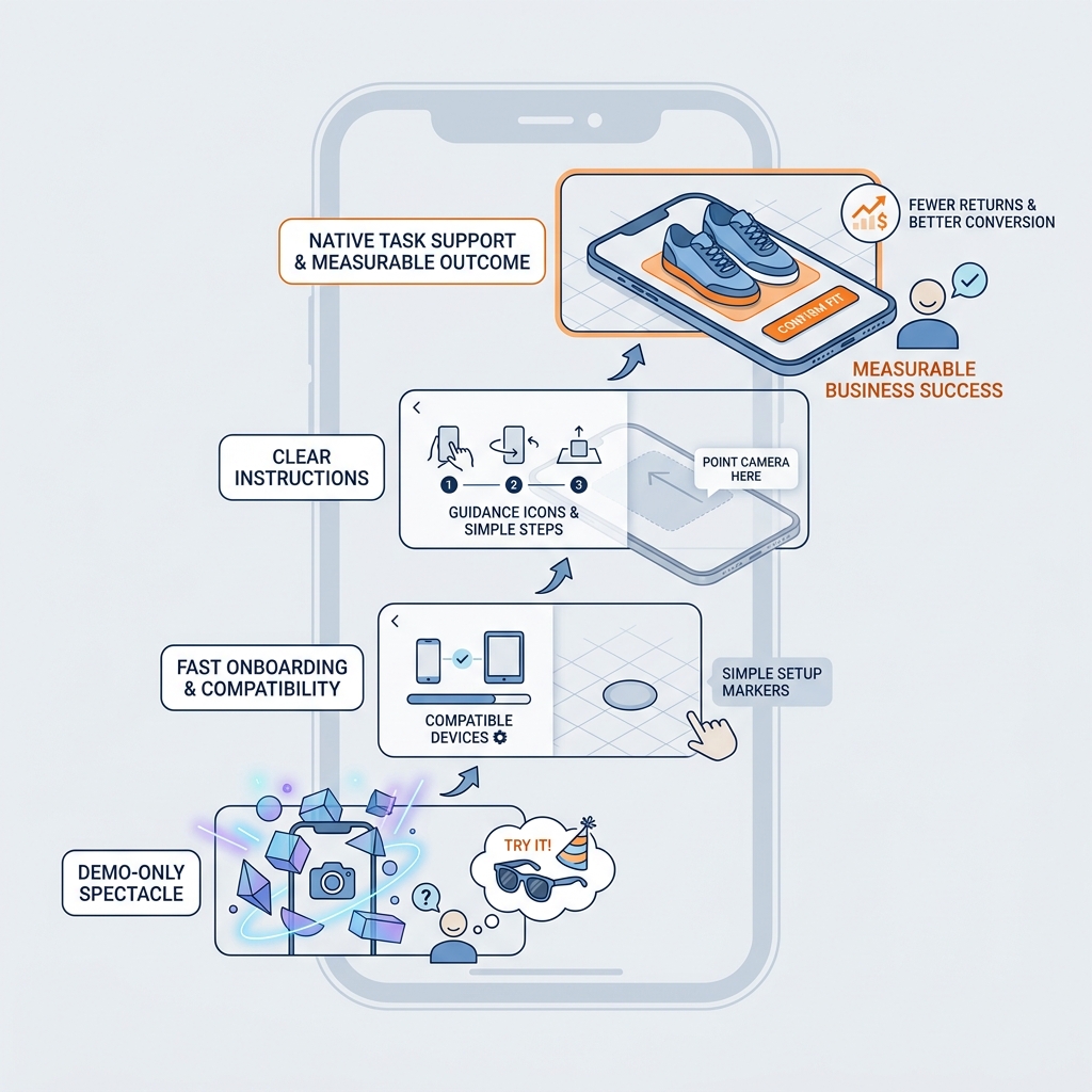 A ladder diagram showing the progression from gimmick AR to utility-driven AR inside mobile apps.