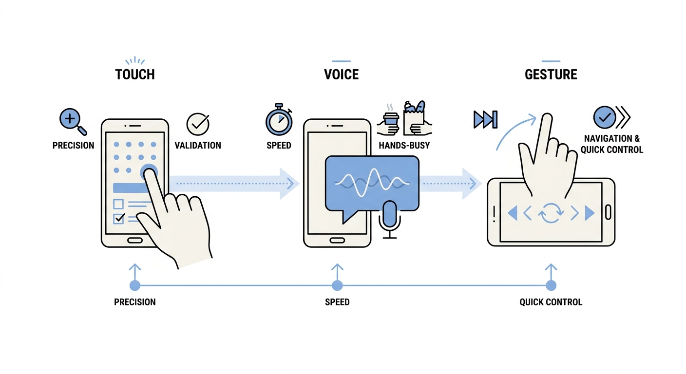 A process diagram showing when mobile users switch from tapping to speaking to gesturing based on task and context.