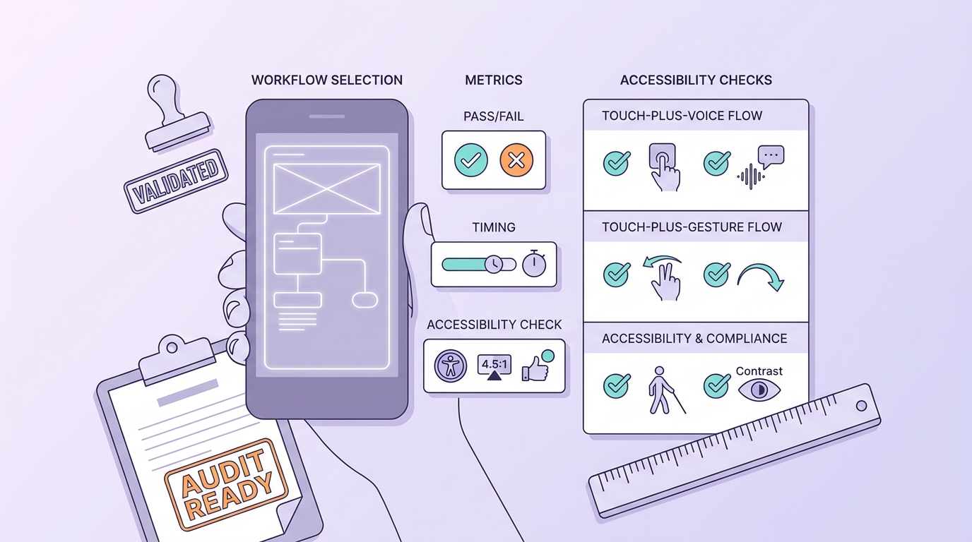 A checklist for testing a new mobile interaction flow using touch, voice, and gesture with metrics and accessibility checks.