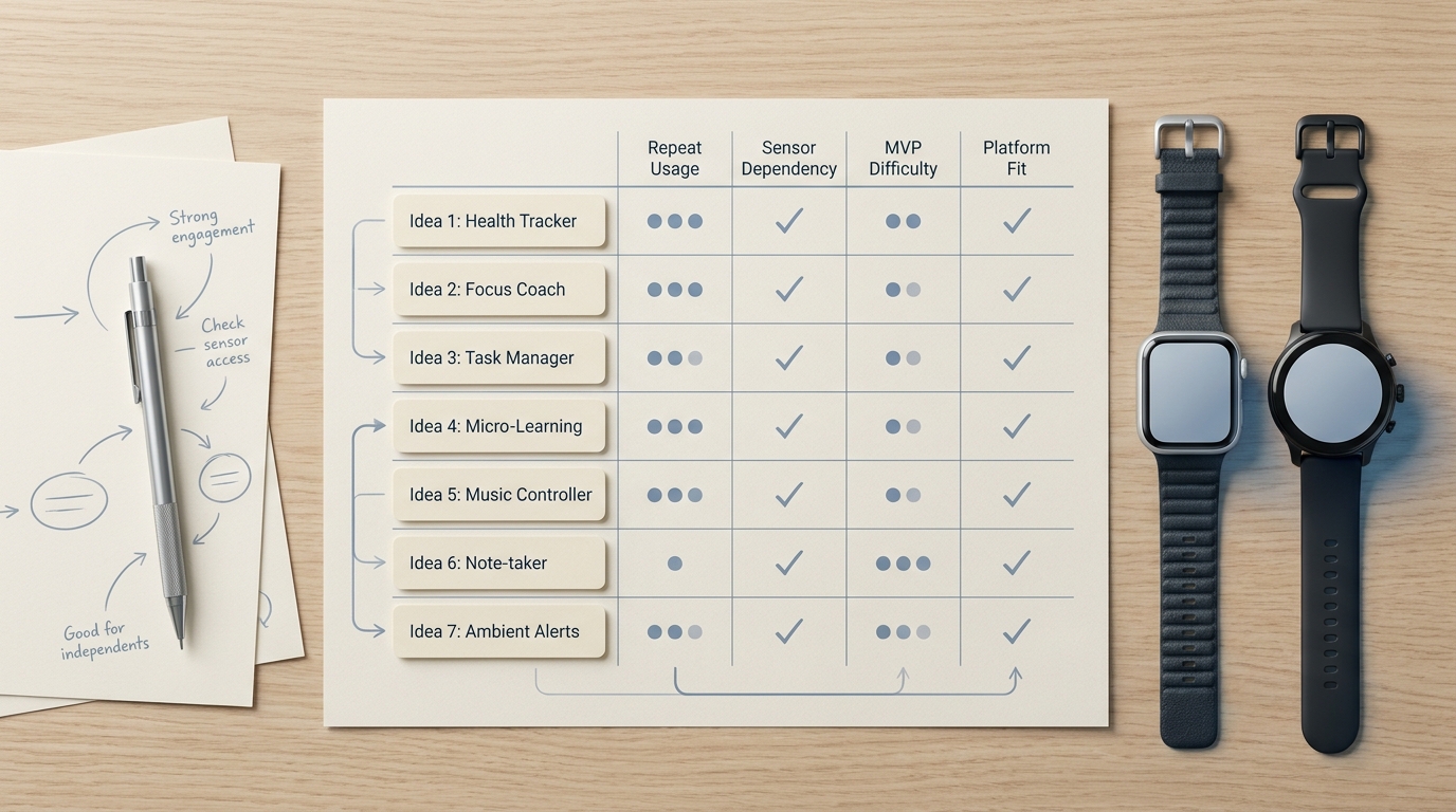 Comparison grid of seven wearable app ideas ranked by repeat usage, sensor dependency, MVP difficulty, and platform fit. Comparison grid of seven wearable app ideas ranked by repeat usage, sensor dependency, MVP difficulty, and platform fit.