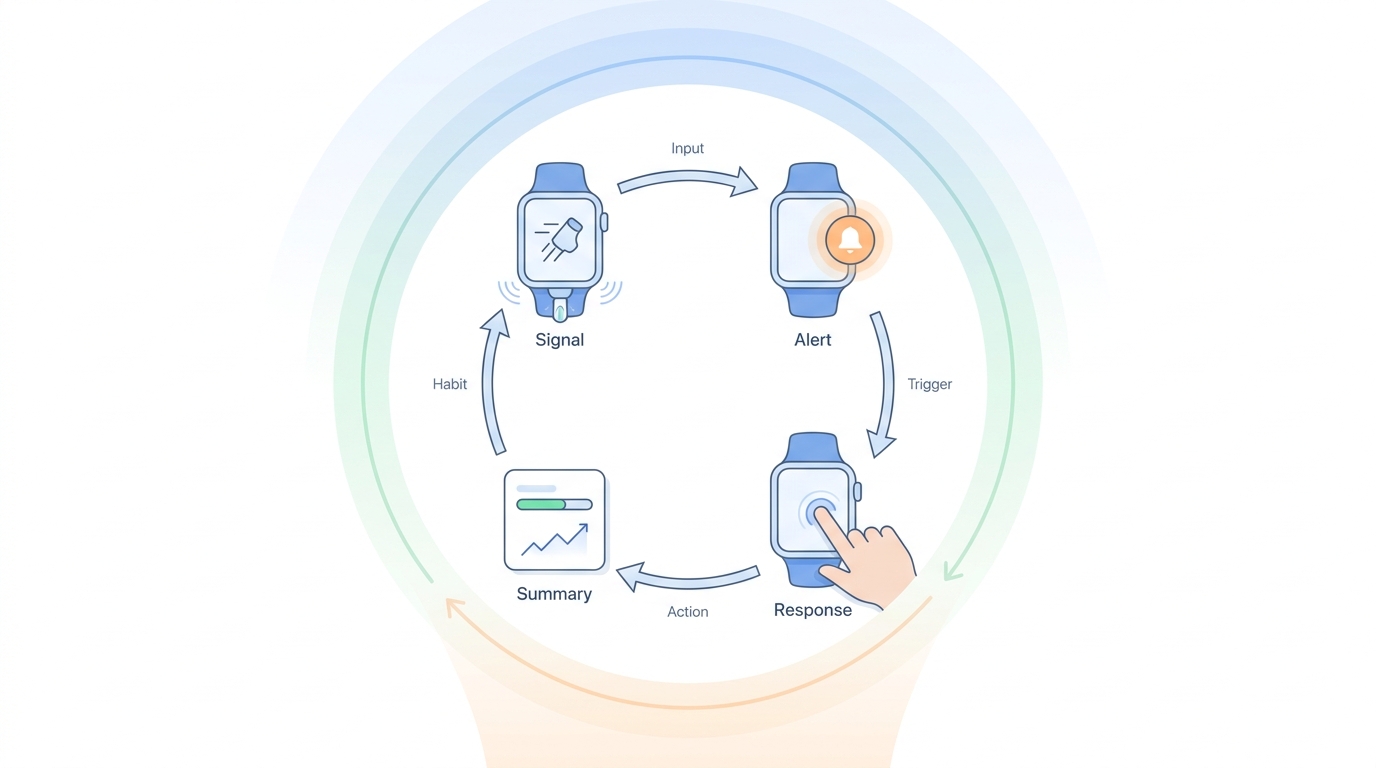 Flow diagram of a wearable workout coaching loop from sensor input to on-watch alert to post-session summary. Flow diagram of a wearable workout coaching loop from sensor input to on-watch alert to post-session summary.