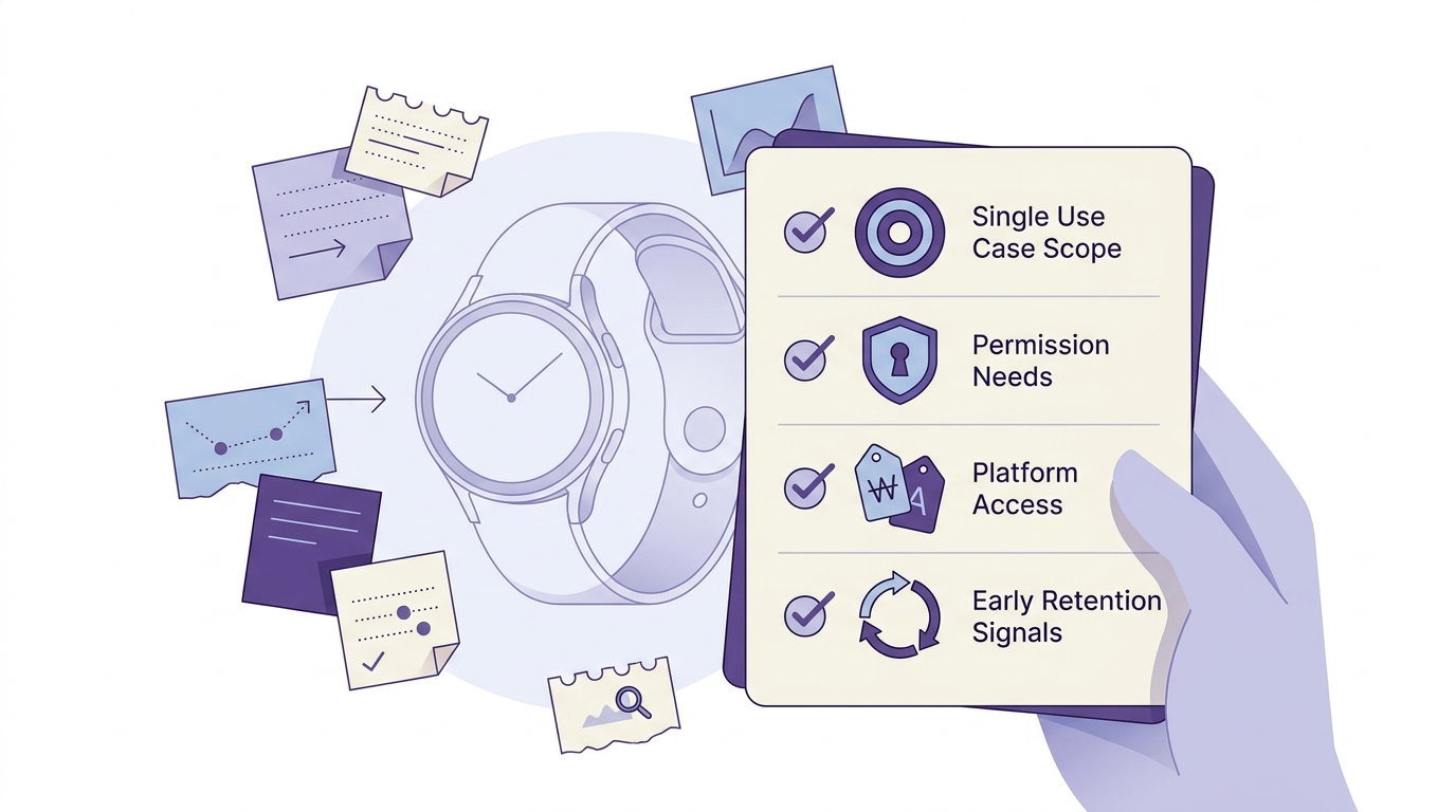 Checklist for deciding whether a wearable app idea has a small enough MVP scope to launch. Checklist for deciding whether a wearable app idea has a small enough MVP scope to launch.