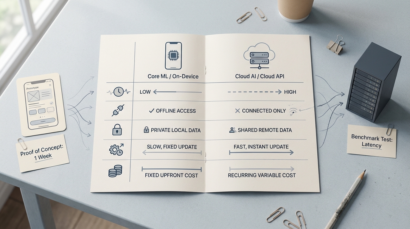 Comparison table showing Core ML versus Cloud AI for mobile apps across latency, offline support, privacy, update velocity, and operating cost. Comparison table showing Core ML versus Cloud AI for mobile apps across latency, offline support, privacy, update velocity, and operating cost.