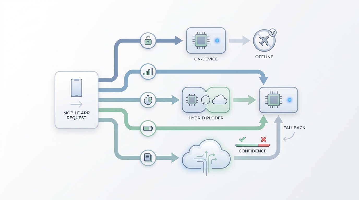 Decision flow diagram for routing mobile AI requests between Core ML on device and Cloud AI in the cloud. Decision flow diagram for routing mobile AI requests between Core ML on device and Cloud AI in the cloud.