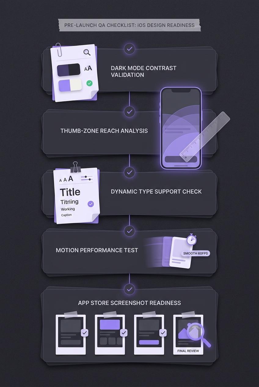 Checklist for validating an iOS app redesign before release, including contrast, thumb reach, dynamic type, motion, and screenshots.