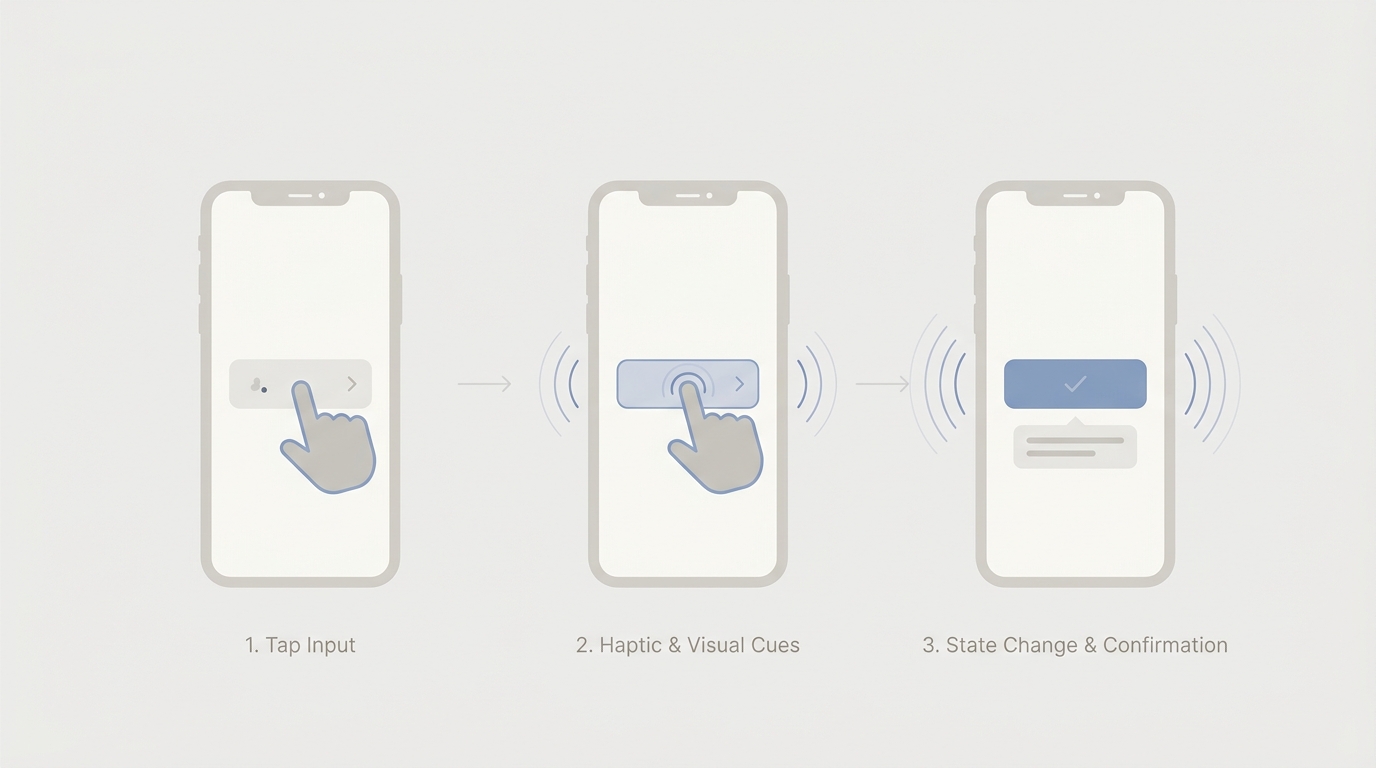 Diagram of an iPhone tap action confirmed by haptic feedback and a visible state change.