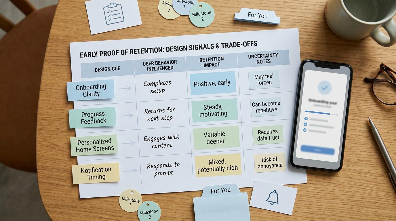 Comparison table showing app design signals and the user behaviors they influence for retention and repeat opens. Comparison table showing app design signals and the user behaviors they influence for retention and repeat opens.