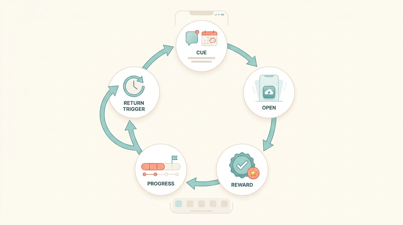 Process diagram of a habit loop in app design with cue, open, reward, progress, and return trigger. Process diagram of a habit loop in app design with cue, open, reward, progress, and return trigger.