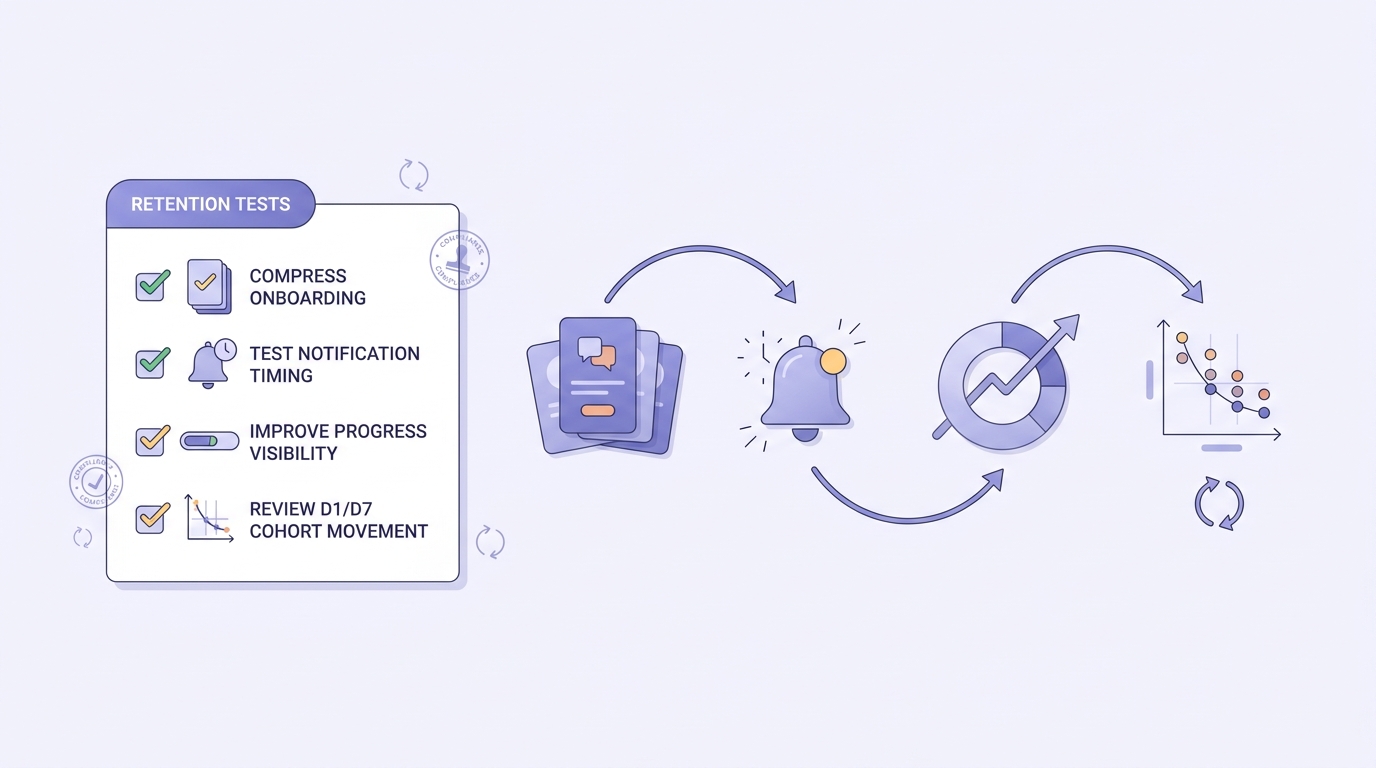 Checklist of the first app retention design tests for product teams, including onboarding, notifications, and progress visibility. Checklist of the first app retention design tests for product teams, including onboarding, notifications, and progress visibility.