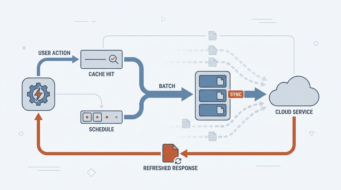 Process diagram of a mobile app workflow with cache, scheduled sync, batched API calls, and reduced device wakeups. Process diagram of a mobile app workflow with cache, scheduled sync, batched API calls, and reduced device wakeups.