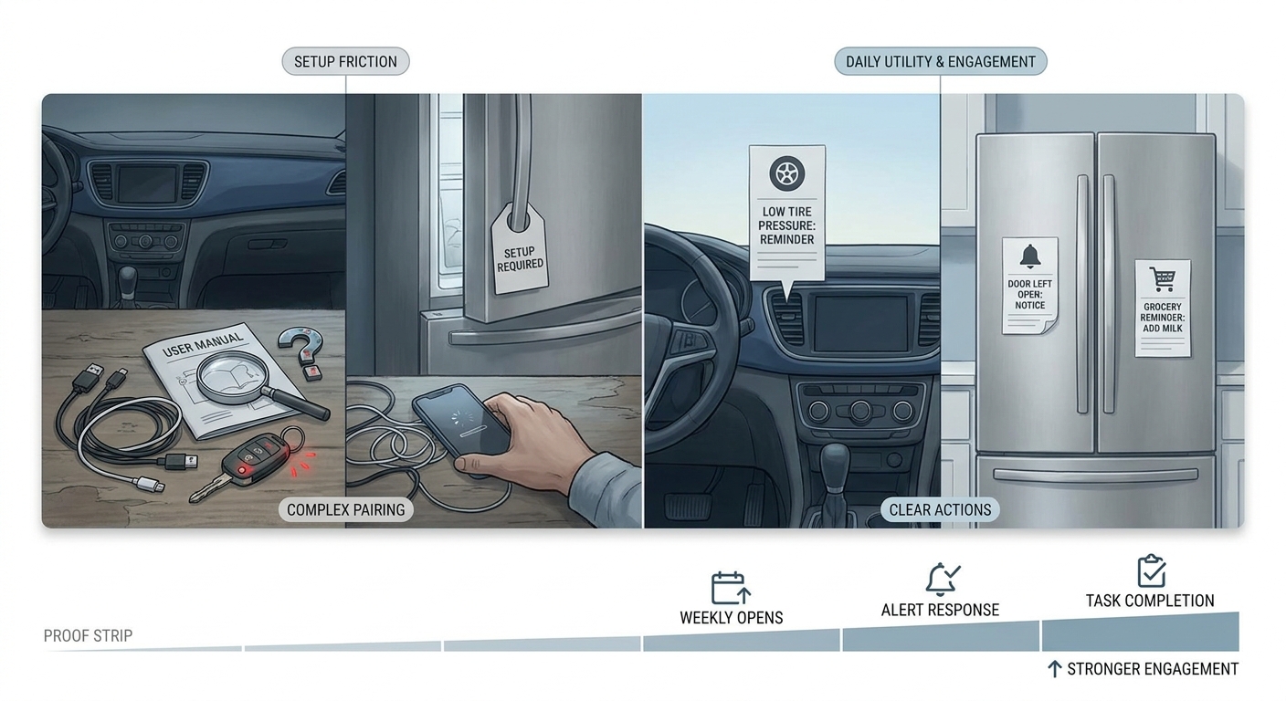 Before and after snapshot of an IoT app shifting from setup friction to daily utility across connected cars and smart fridges. Before and after snapshot of an IoT app shifting from setup friction to daily utility across connected cars and smart fridges.